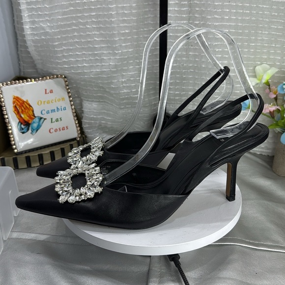 (O) ZARA Elegant Black Slingback Heels with Crystal Embellishment, Size 39/8USA - Picture 6 of 13